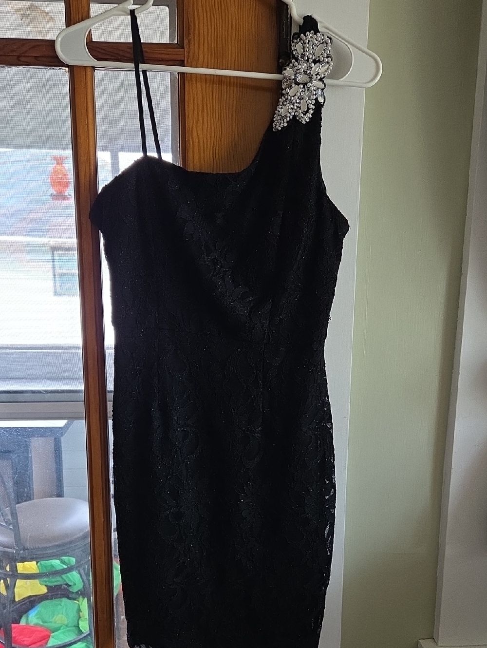Black One-Shoulder Lace Dress with Crystal Shoulder Accent